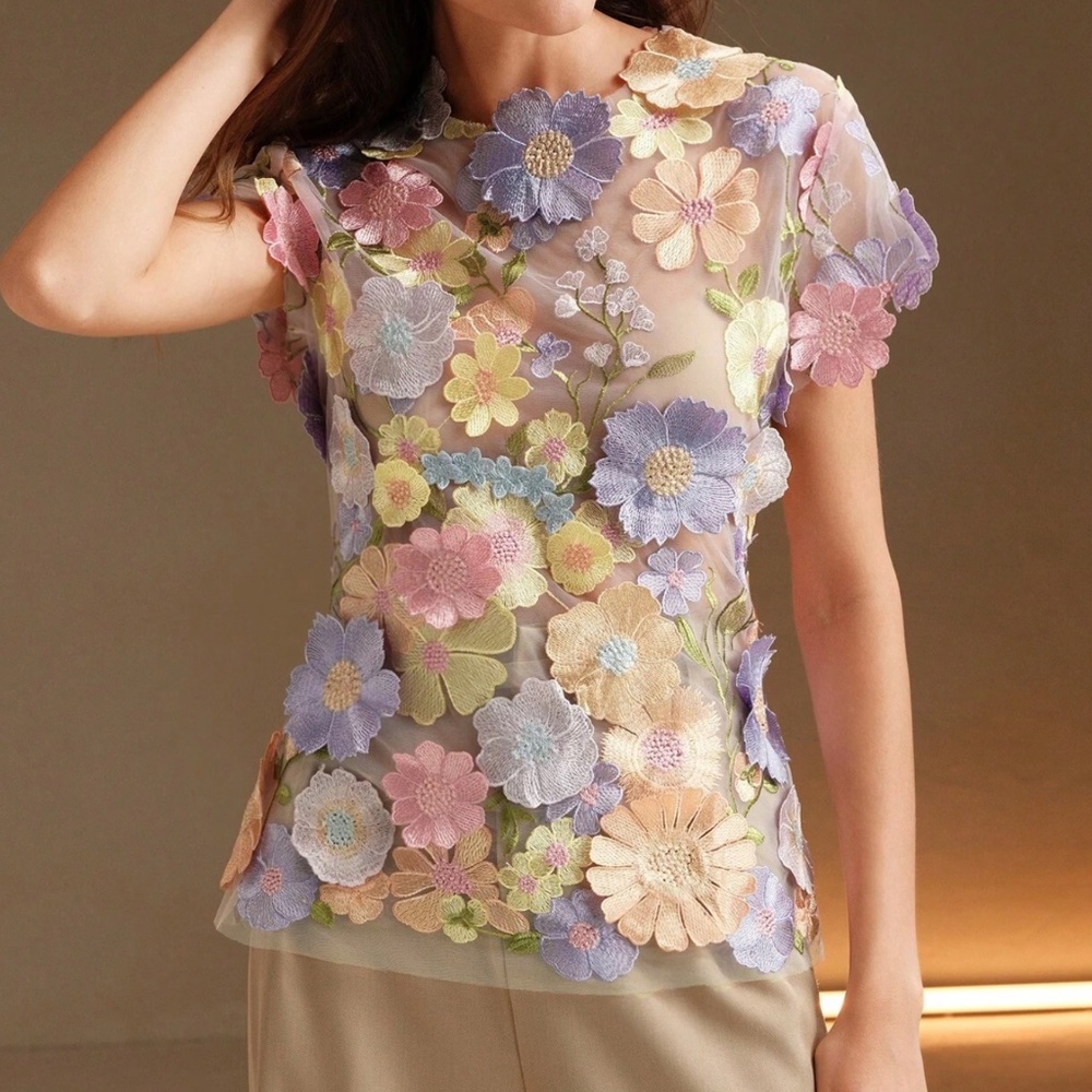 Boho Pastel floral Appliqué Cottagecore blouse - Picture 3 of 8